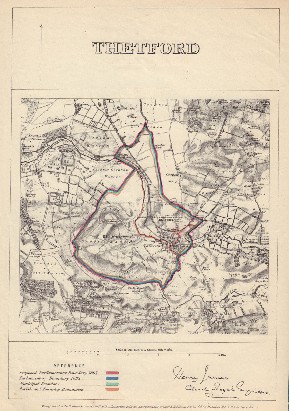 Thetford, Norfolk. JAMES. PARLIAMENTARY BOUNDARY COMMISSION 1868 old map